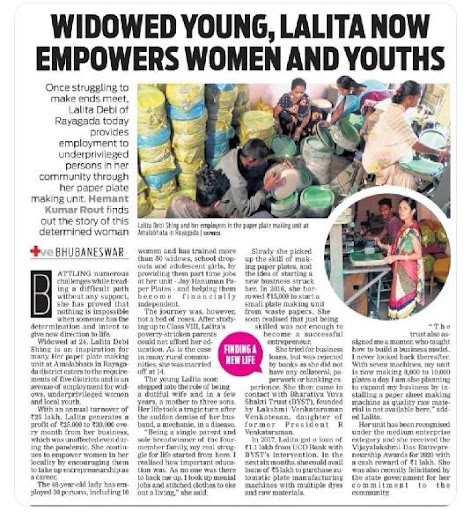 Article featured in New Indian Express – Widowed young, Lalita now empowers women and youth