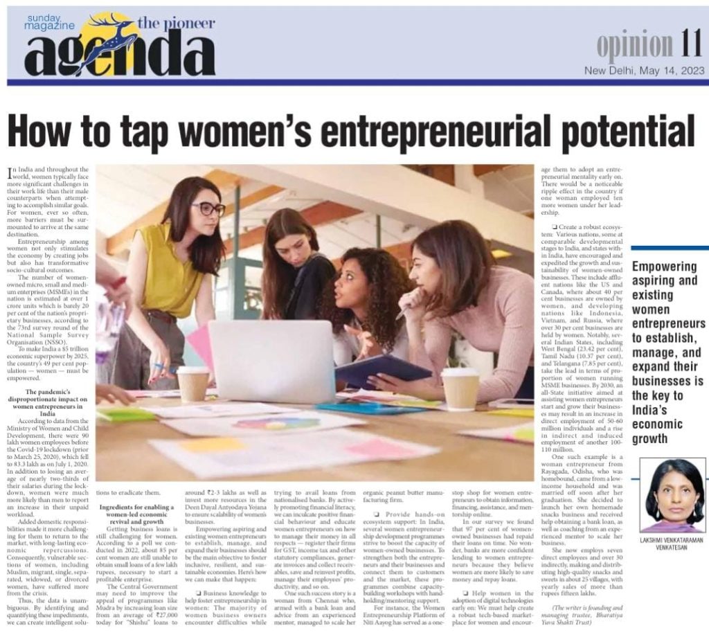 How to tap Women’s Entrepreneurial Potential, The Pioneer – Sunday Edition, 14th May 2023